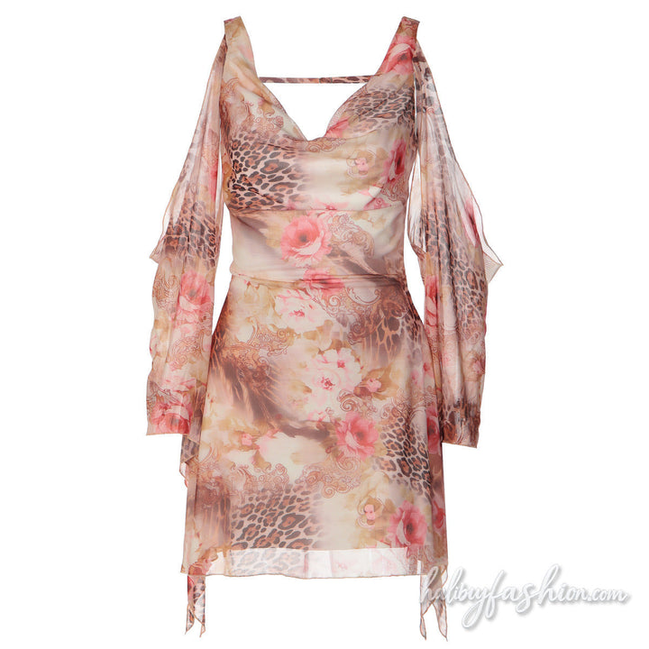 Cowl neck flower print long sleeve mesh mini dress - Halibuy