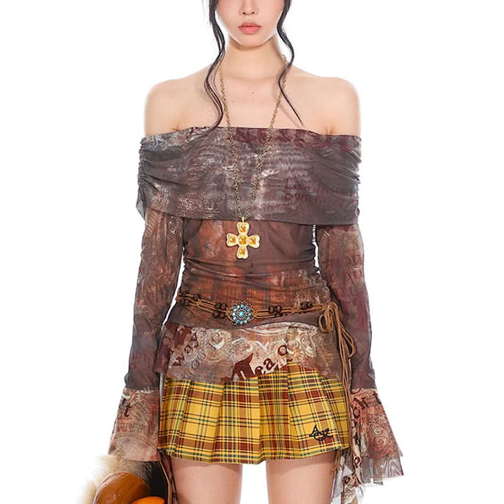 Long sleeve mesh print off shoulder ruched top  | Festival Outfits Women