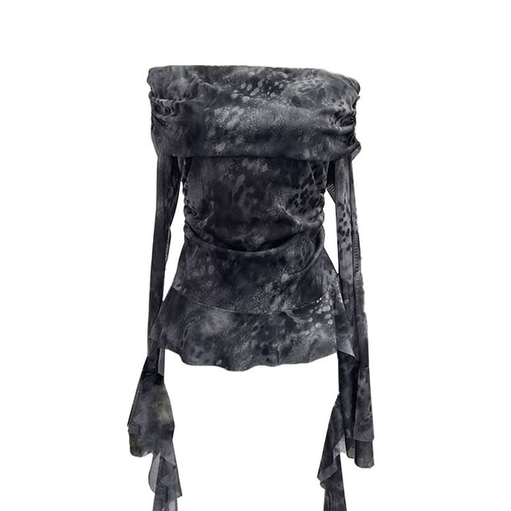 Long sleeve mesh print off shoulder ruched top  | Festival Outfits Women