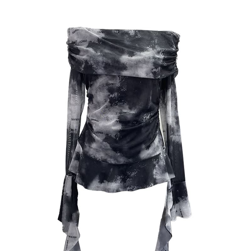 Long sleeve mesh print off shoulder ruched top  | Festival Outfits Women