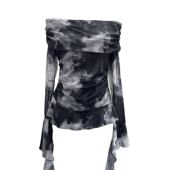 Long sleeve mesh print off shoulder ruched top  | Festival Outfits Women