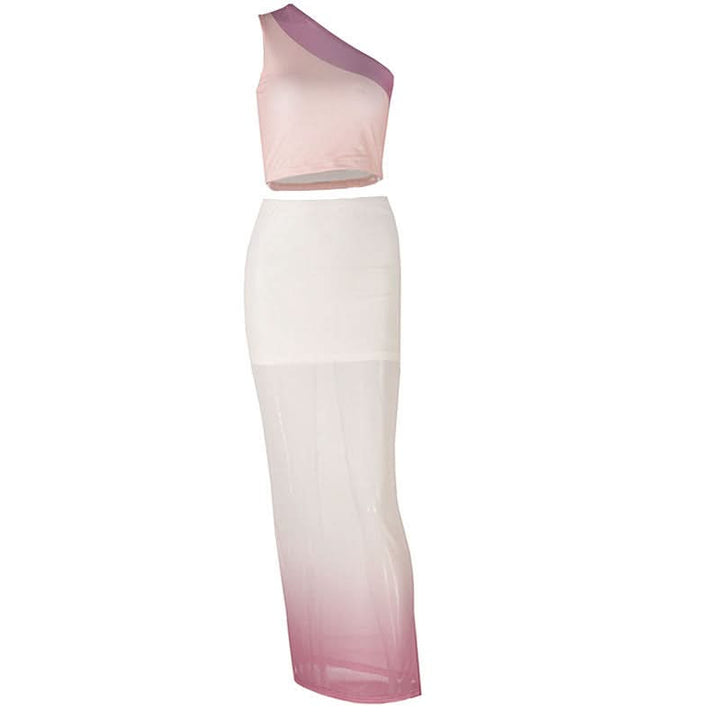 Irregular one shoulder mesh gradient maxi skirt set  | Festival Outfits Women