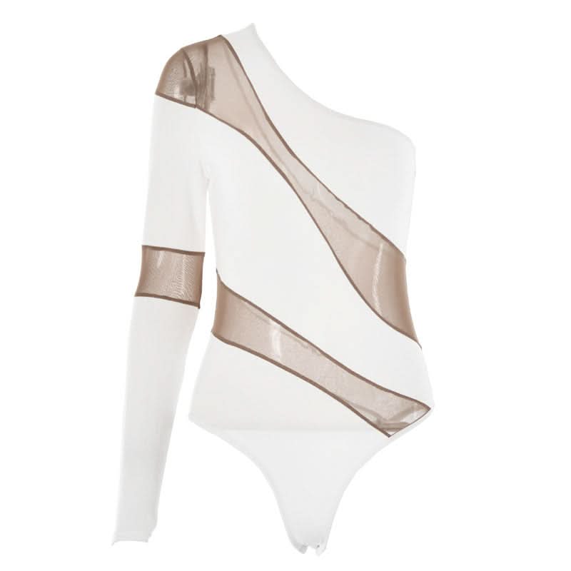 Irregular one shoulder mesh button bodysuit  | Festival Outfits Women