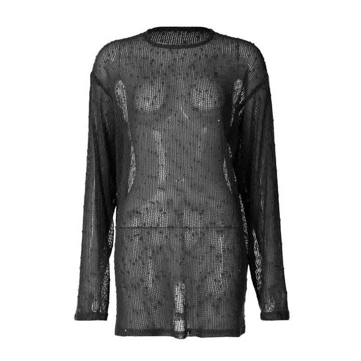 Long sleeve crewneck hollow out see through cut out top  | Festival Outfits Women