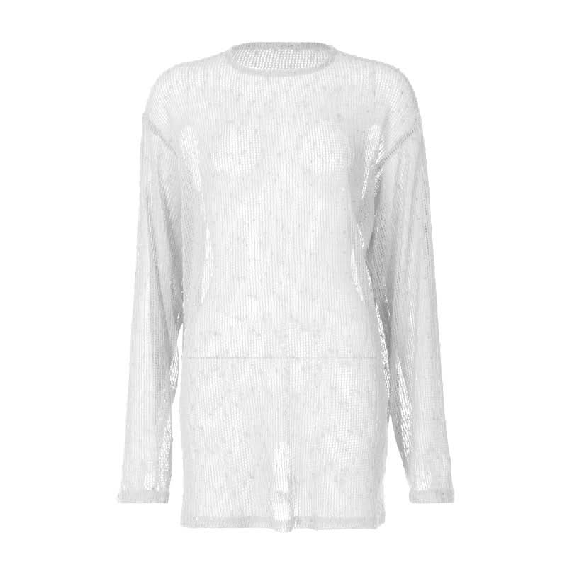 Long sleeve crewneck hollow out see through cut out top  | Festival Outfits Women