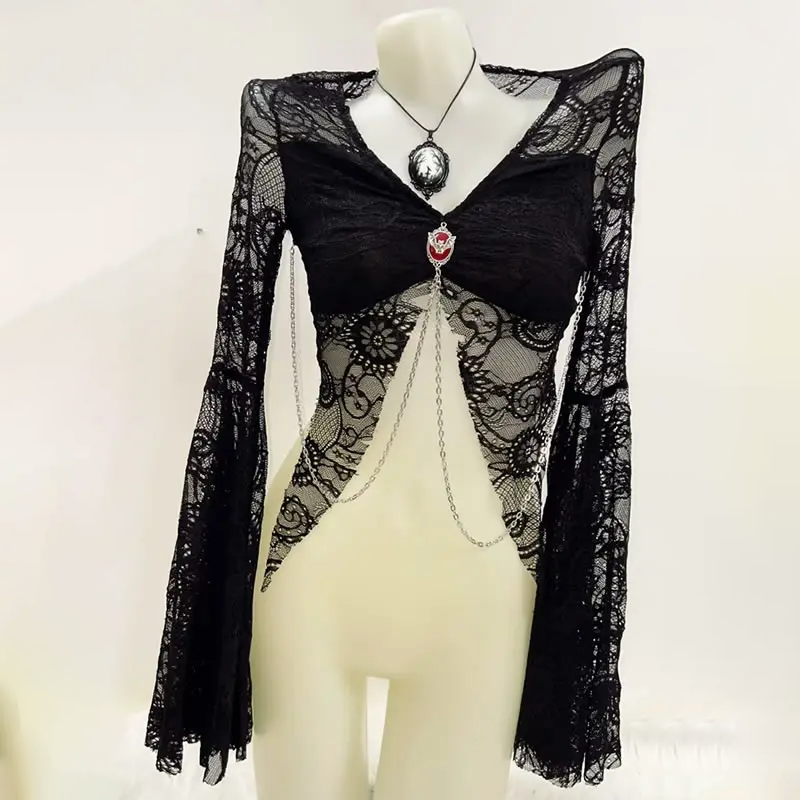 Long sleeve lace metal chain top  | Festival Outfits Women