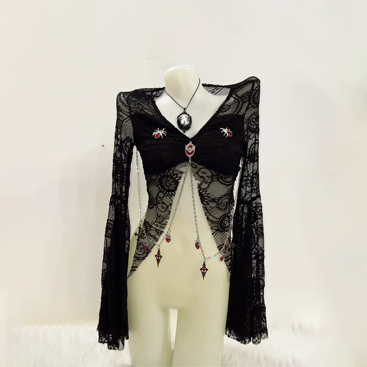 Long sleeve lace metal chain top  | Festival Outfits Women