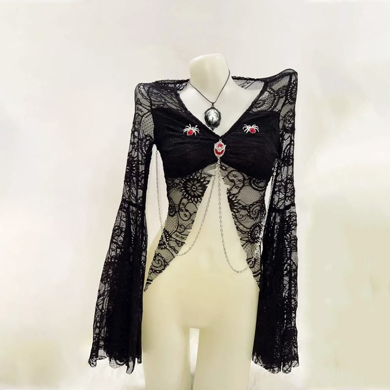 Long sleeve lace metal chain top  | Festival Outfits Women
