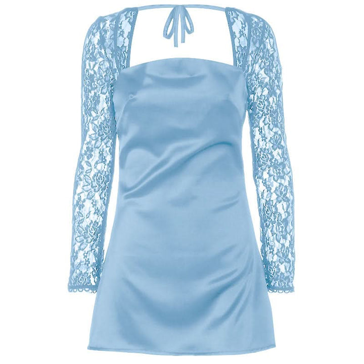 Long sleeve lace square neck self tie satin mini dress  | Festival Outfits Women