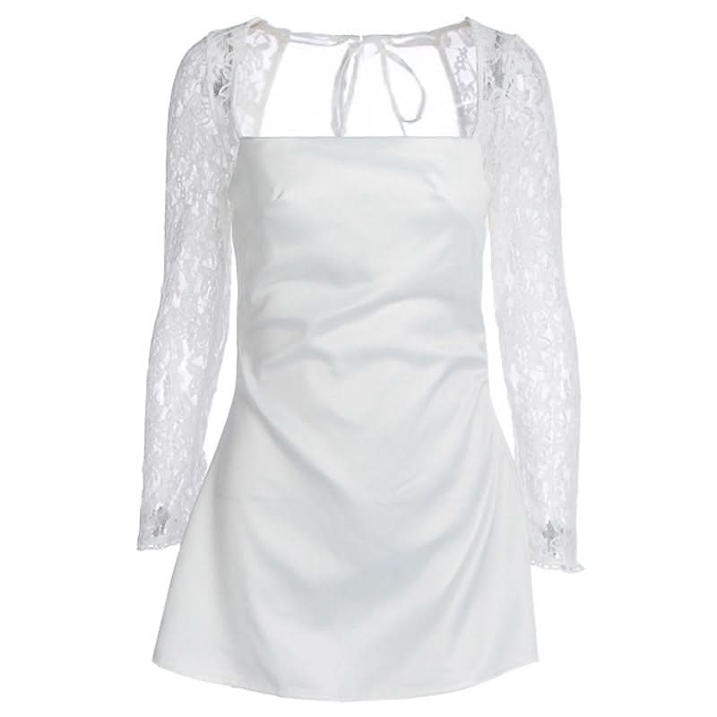 Long sleeve lace square neck self tie satin mini dress  | Festival Outfits Women