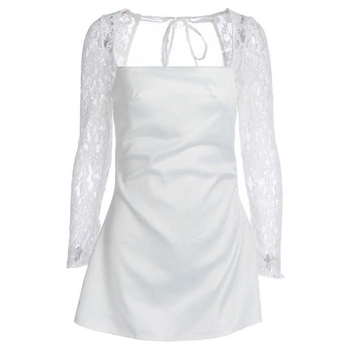 Long sleeve lace square neck self tie satin mini dress  | Festival Outfits Women