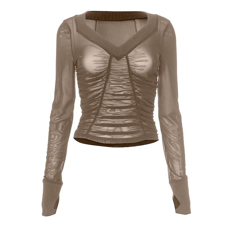 Long sleeve ruched mesh v neck gloves top  | Festival Outfits Women