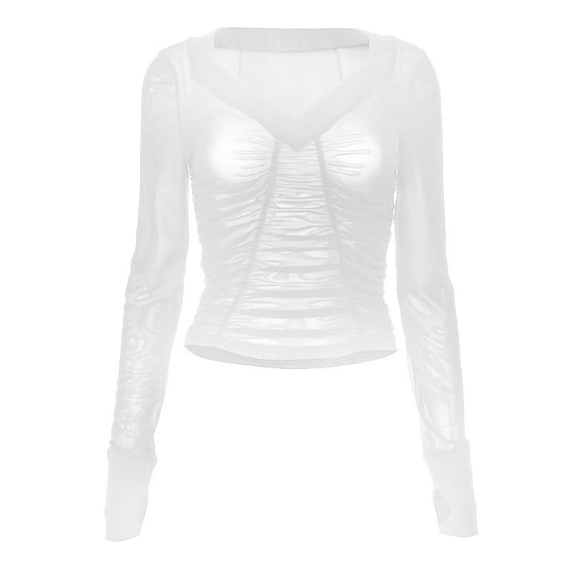 Long sleeve ruched mesh v neck gloves top  | Festival Outfits Women