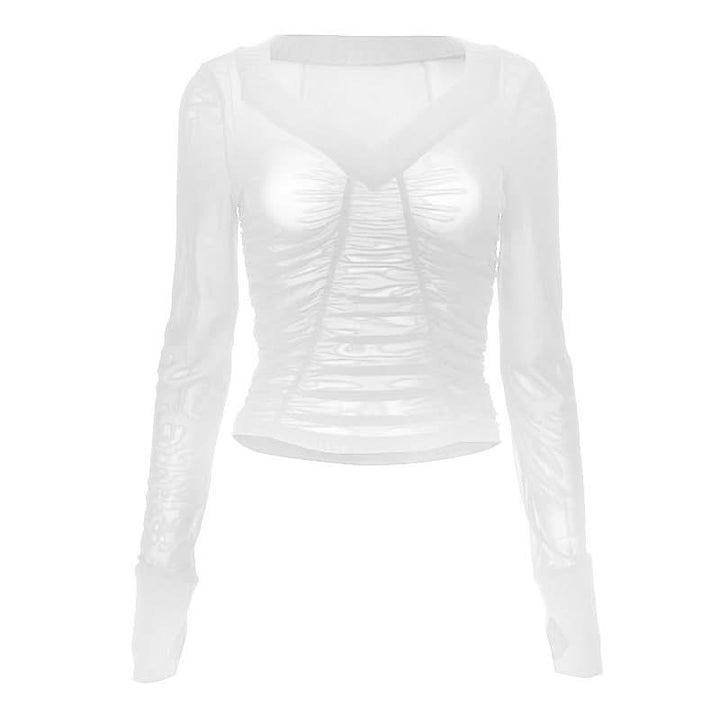 Long sleeve ruched mesh v neck gloves top  | Festival Outfits Women
