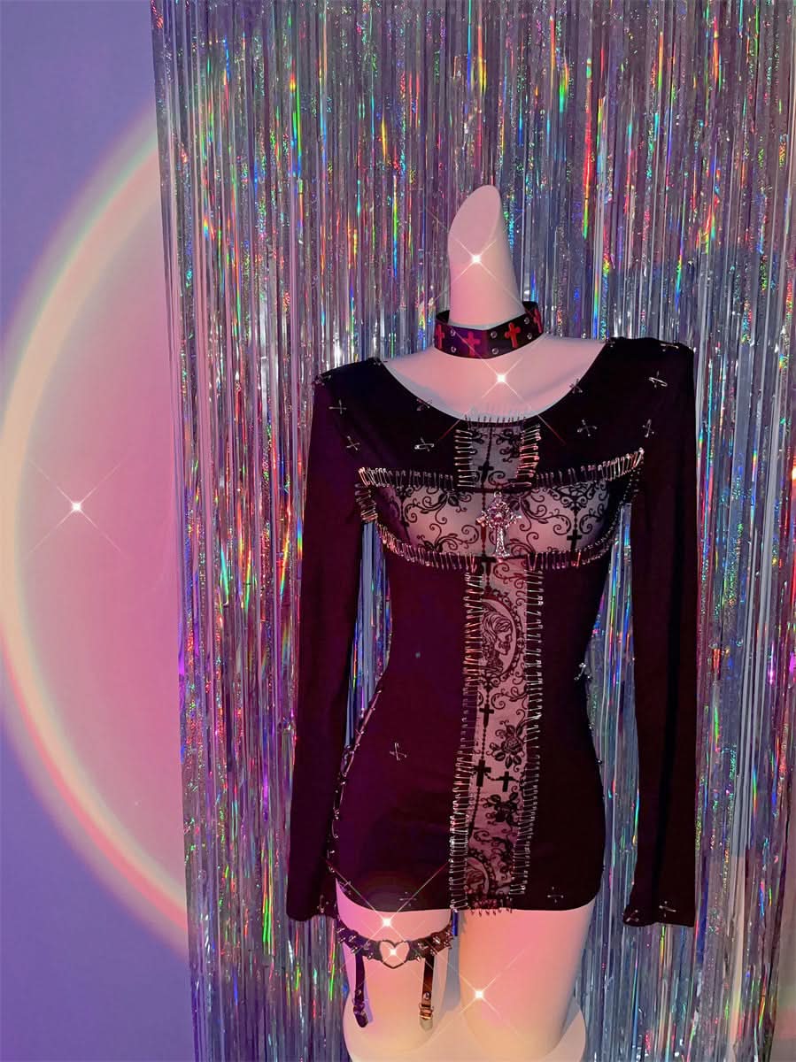 3 piece long sleeve halter cross applique top  | Festival Outfits Women