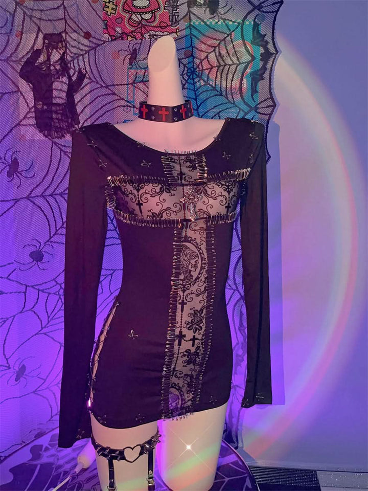 3 piece long sleeve halter cross applique top  | Festival Outfits Women