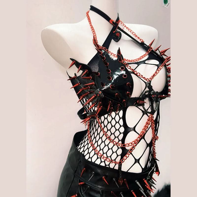 Hollow out cross front rivet applique mini skirt set-final-sale