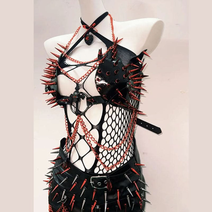 Hollow out cross front rivet applique mini skirt set-final-sale