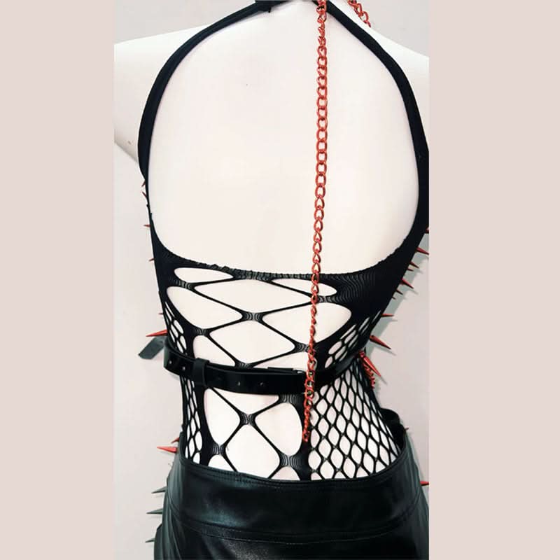 Hollow out cross front rivet applique mini skirt set-final-sale