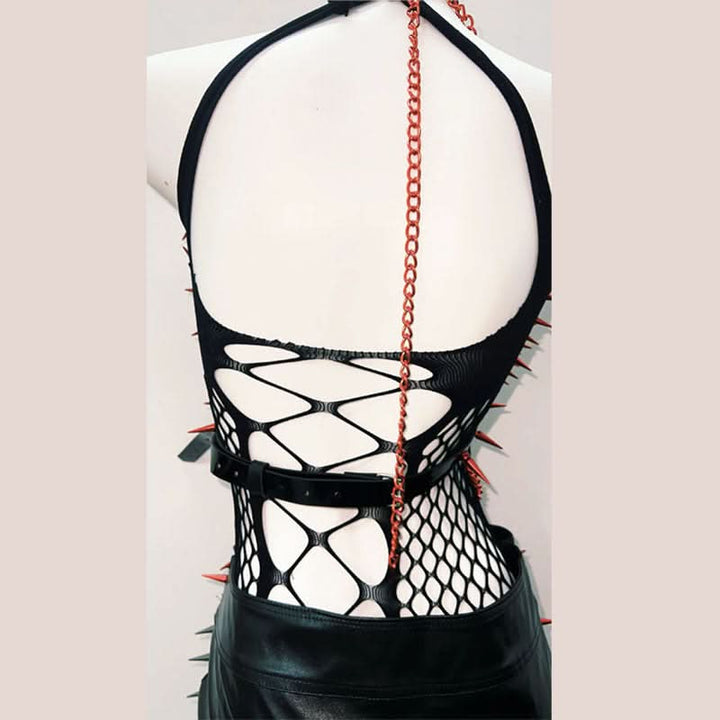 Hollow out cross front rivet applique mini skirt set-final-sale