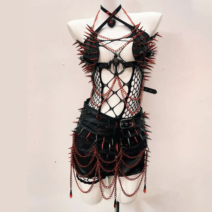 Hollow out cross front rivet applique mini skirt set-final-sale