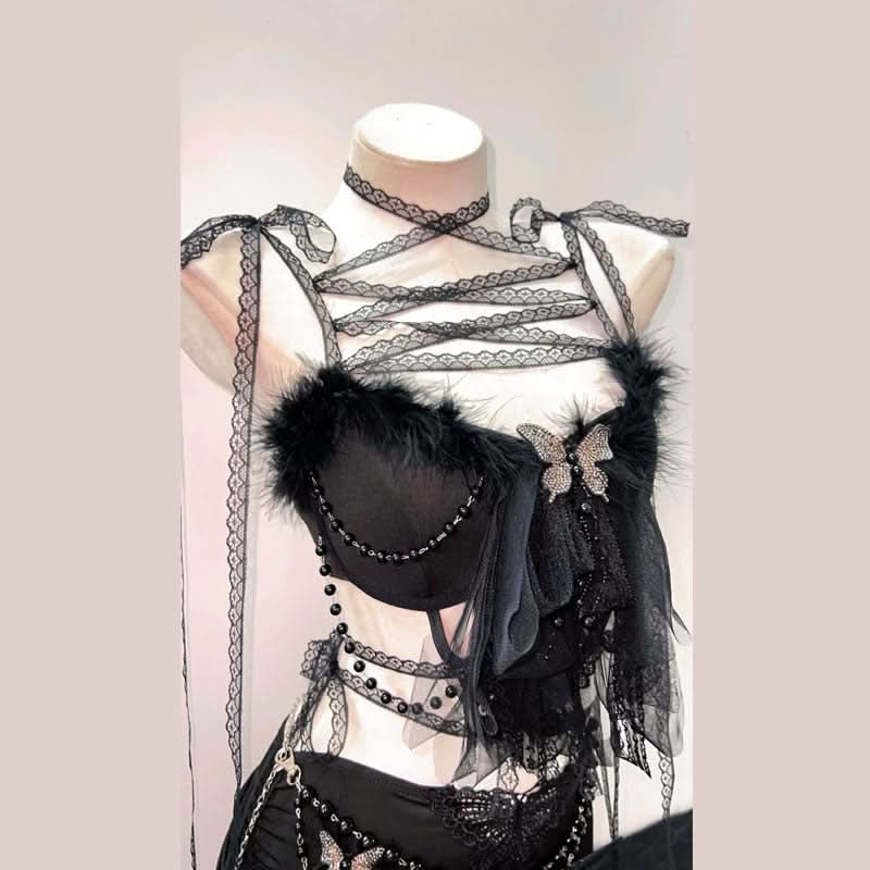 Feather butterfly applique ruched self tie mini skirt set  | Festival Outfits Women