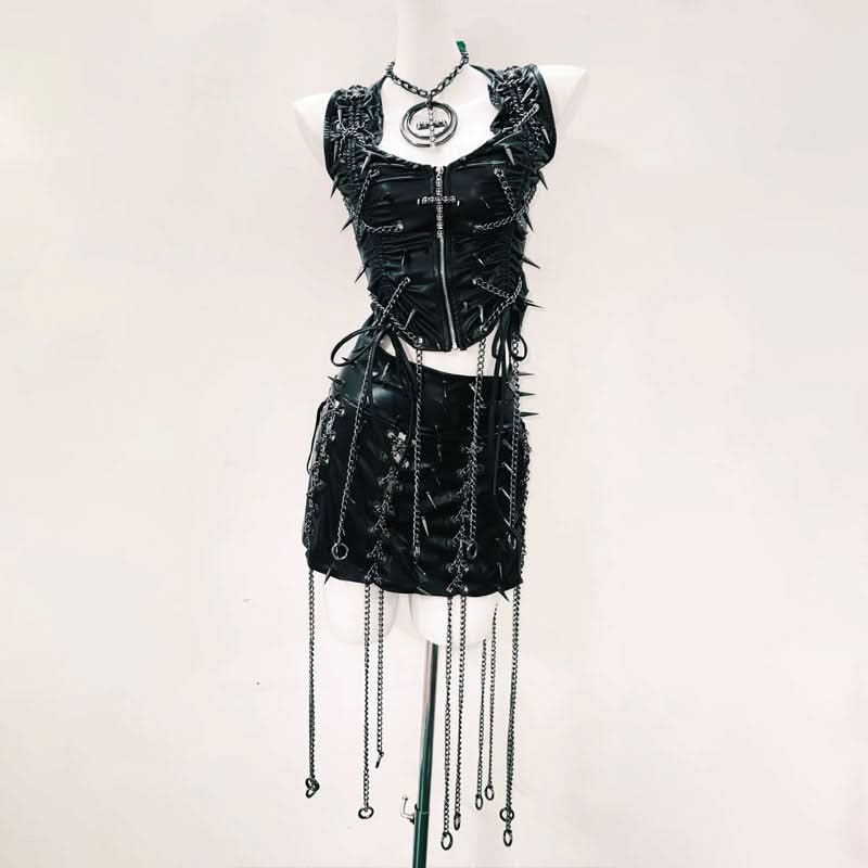 Zip-up v neck metal chain PU leather ruched mini skirt set Cargo Mini Skirt  | Festival Outfits Women