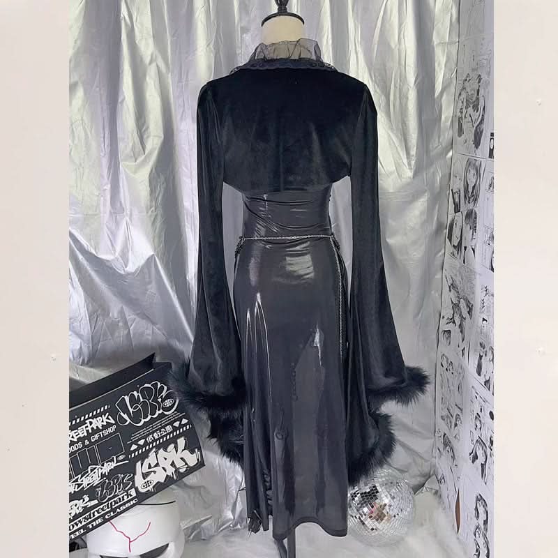 Long sleeve fluffy irregular rivet applique mini dress  | Festival Outfits Women