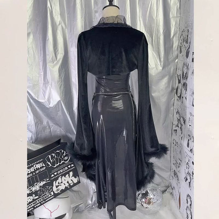 Long sleeve fluffy irregular rivet applique mini dress  | Festival Outfits Women