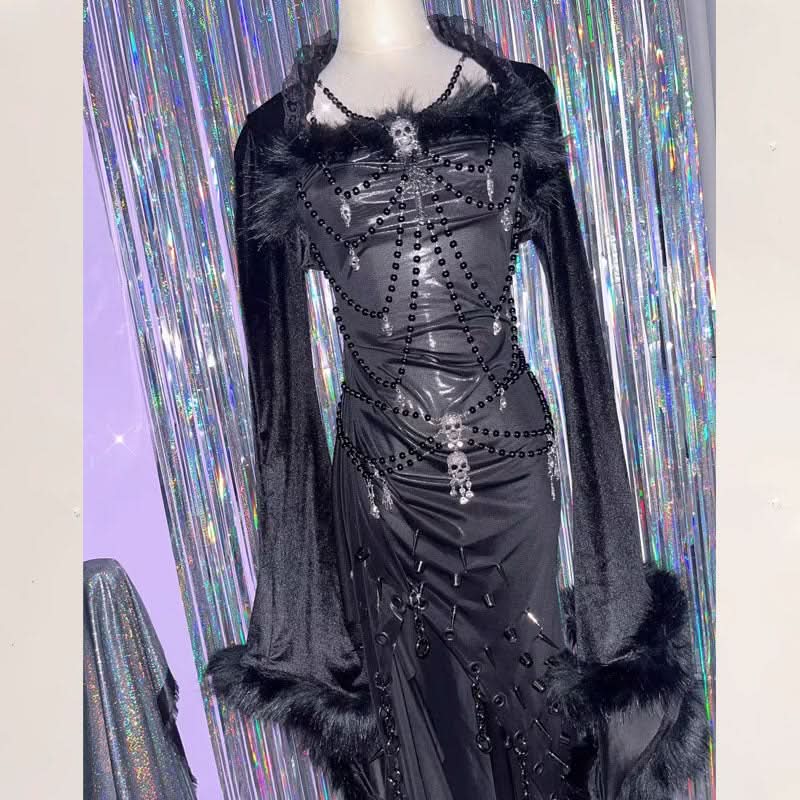 Long sleeve fluffy irregular rivet applique mini dress  | Festival Outfits Women