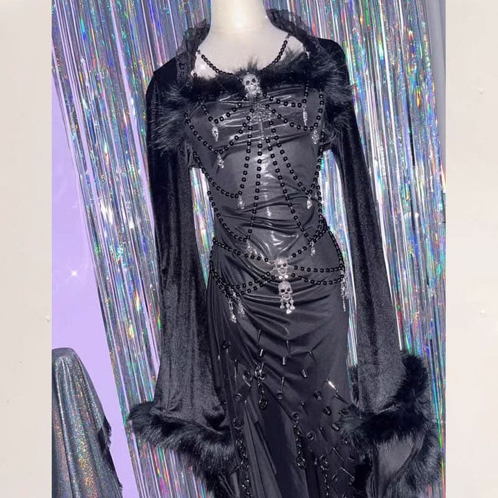 Long sleeve fluffy irregular rivet applique mini dress  | Festival Outfits Women