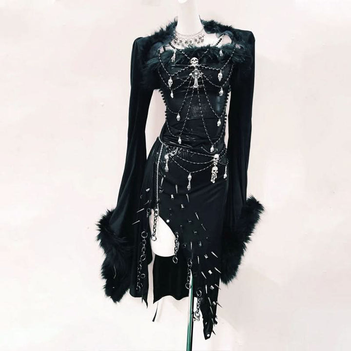Long sleeve fluffy irregular rivet applique mini dress  | Festival Outfits Women