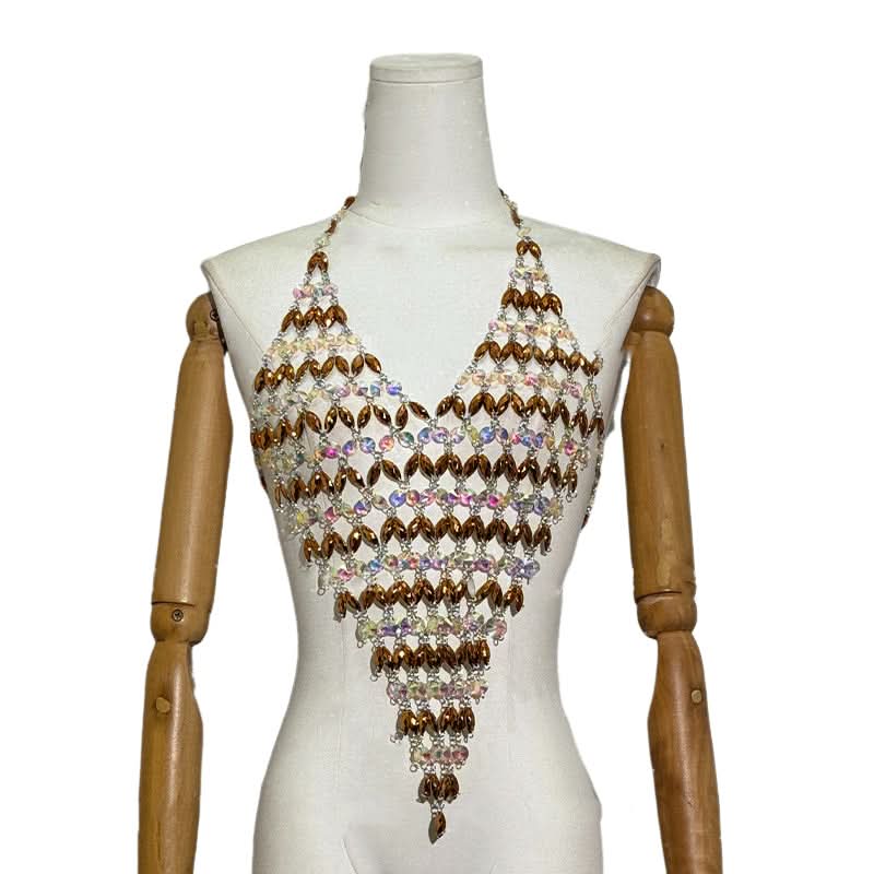 Halter v neck beaded hollow out backless cut out top  | Festival Outfits Women