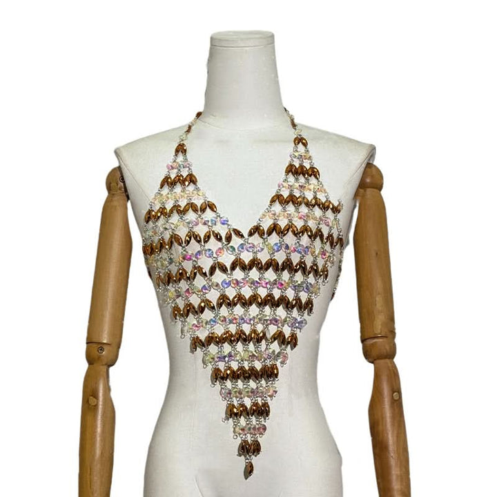 Halter v neck beaded hollow out backless cut out top  | Festival Outfits Women