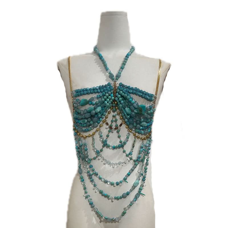 Halter beaded metal chain backless hollow out cut out top  | Festival Outfits Women