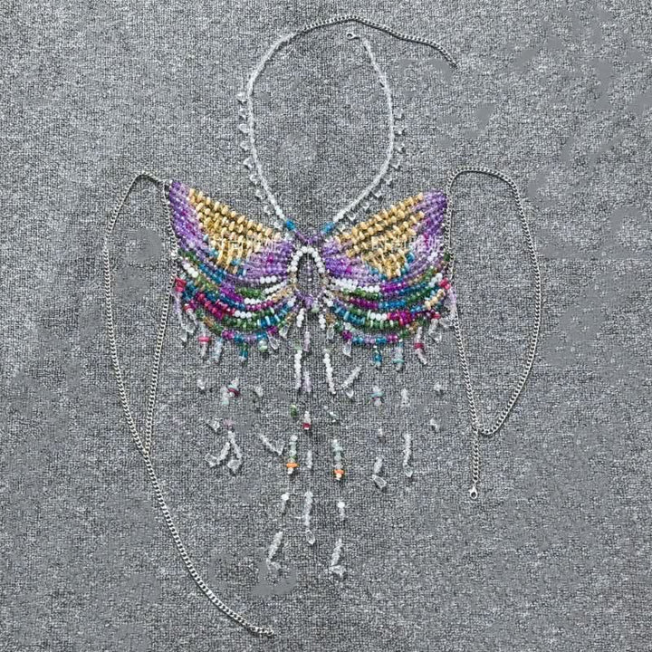 Halter beaded contrast hollow out cut out top  | Festival Outfits Women