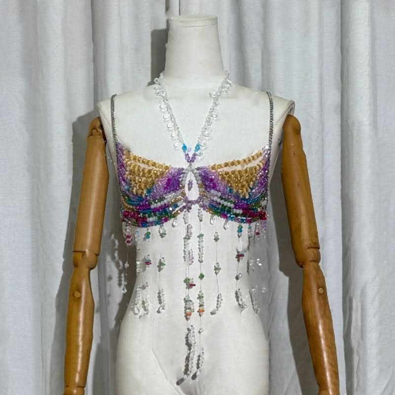 Halter beaded contrast hollow out cut out top  | Festival Outfits Women