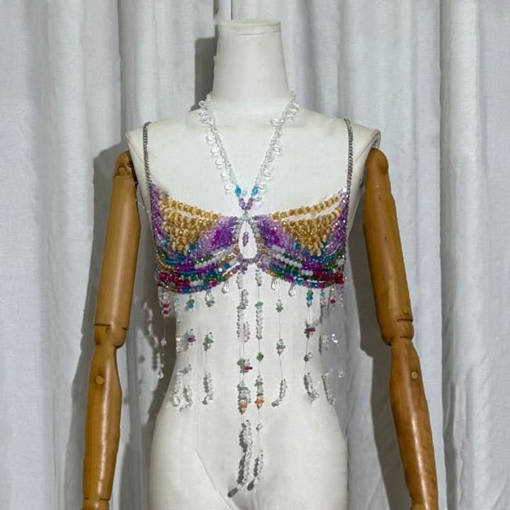 Halter beaded contrast hollow out cut out top  | Festival Outfits Women