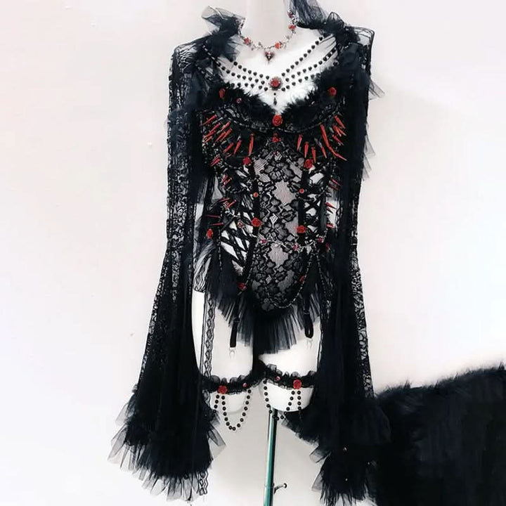 Long sleeve lace rivet beaded 2 piece top  | Festival Outfits Women