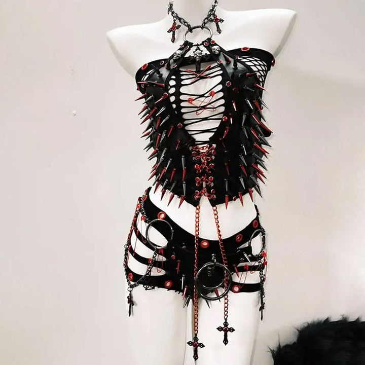 Halter net rivet o ring metal chain 3 piece short pant set  | Festival Outfits Women