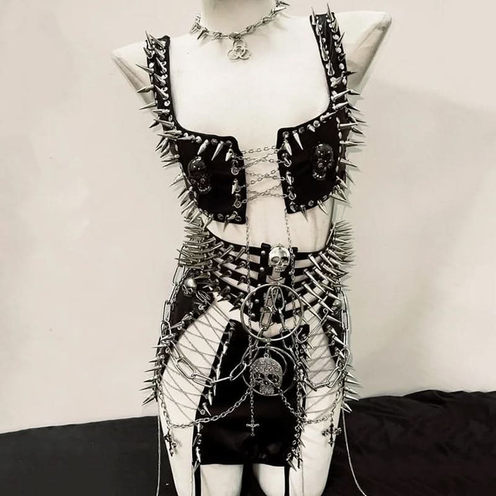 PU leather metal chain skull applique belt top  | Festival Outfits Women