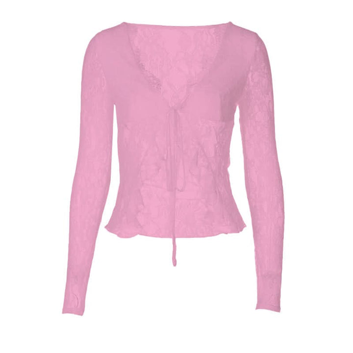 V neck long sleeve lace self tie top  | Festival Outfits Women
