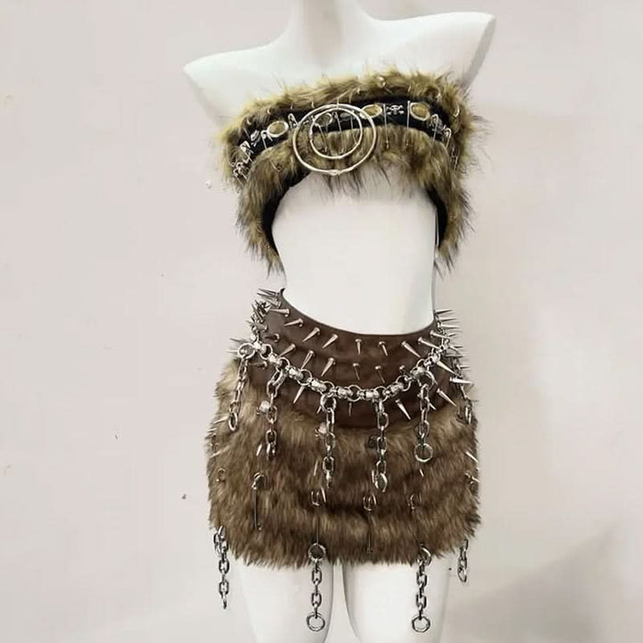 Fluffy o ring rivet applique tube mini skirt set  | Festival Outfits Women