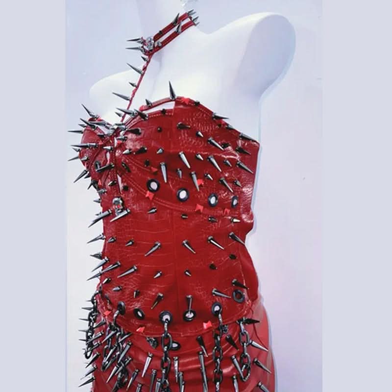 Hollow out rivet applique fluffy metal chain mini skirt set  | Festival Outfits Women-final-sale