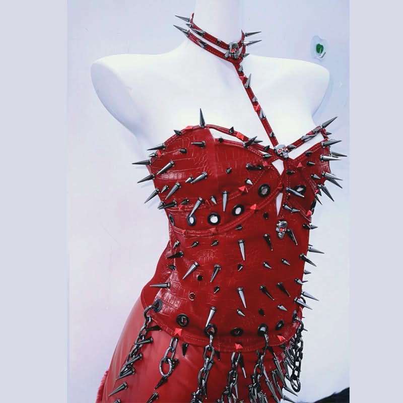 Hollow out rivet applique fluffy metal chain mini skirt set  | Festival Outfits Women-final-sale