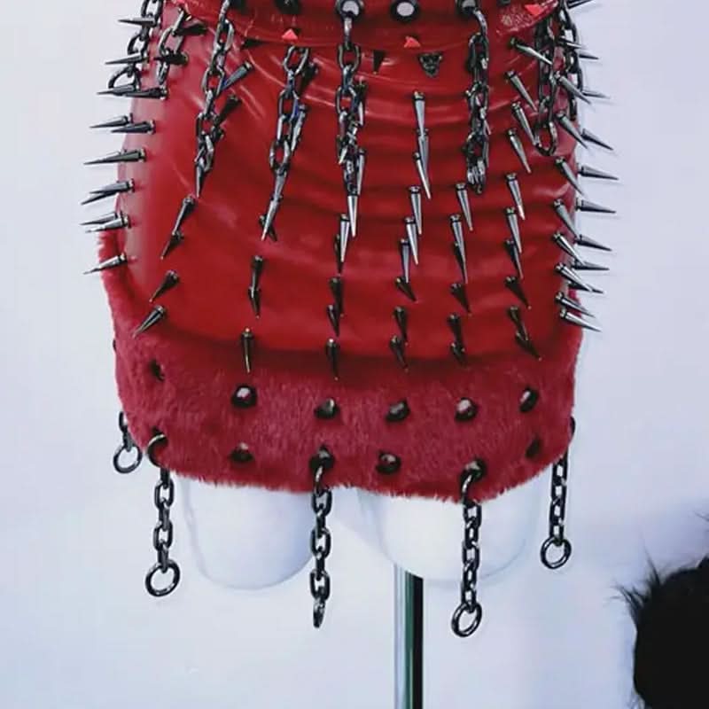 Hollow out rivet applique fluffy metal chain mini skirt set  | Festival Outfits Women-final-sale