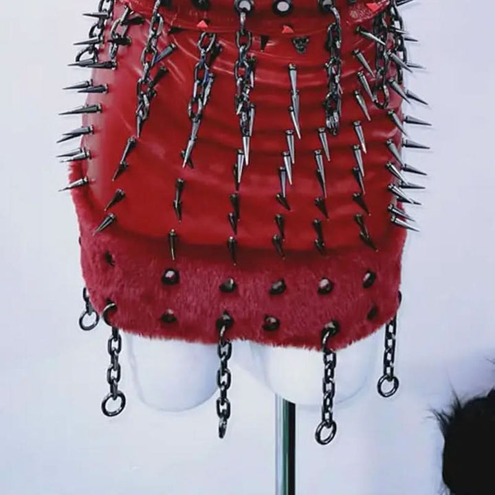 Hollow out rivet applique fluffy metal chain mini skirt set  | Festival Outfits Women-final-sale