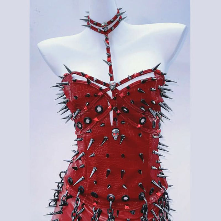 Hollow out rivet applique fluffy metal chain mini skirt set  | Festival Outfits Women-final-sale