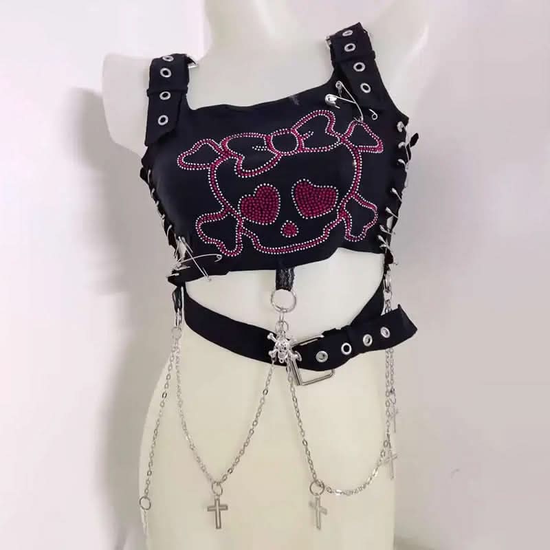 Square neck metal chain o ring skull pattern top  | Festival Outfits Women