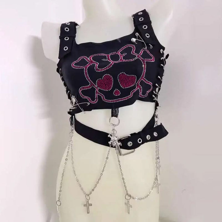 Square neck metal chain o ring skull pattern top  | Festival Outfits Women